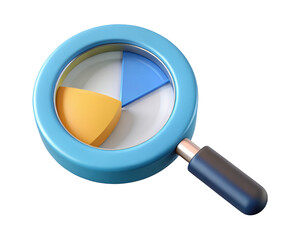Poster - 3d magnifying glass revealing a colorful pie chart isolated on a background for data analysis visualization and market research
