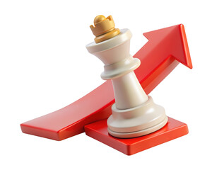 Poster - Chess king piece ascending with red arrow illustrating business strategy success and growth leadership in competitive market and career progression