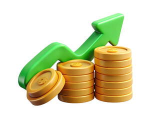 Poster - Green arrow pointing upward alongside stacks of gold coins signifying financial growth and investment success in a 3d rendering