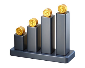 Poster - Growing financial success 3d illustration shows business growth with rising golden dollar coins and bar chart against backdrop