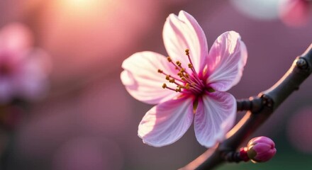 Wall Mural - close pink cherry blossom tree branch blurred background flower full bloom petals spread wide