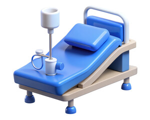 Poster - 3d render of a modern hospital bed with iv drip stand in blue and white colors isolated on background ideal for healthcare designs