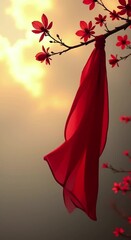 Wall Mural - red scarf hanging tree branch red flowers backdrop sky clouds
