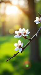 Wall Mural - tree branch white cherry blossoms illuminated warm light setting sun creating beautiful serene atmos
