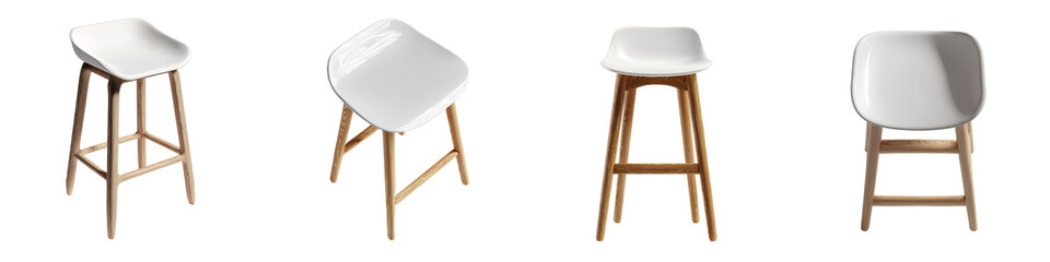 Four unique white abstract sculptures on gold stands isolated on transparent background