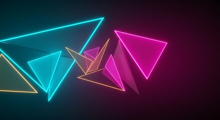 Poster - Stunning neon triangles glowing in vibrant pink blue and gold against a dark background for dynamic design