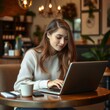 © Rizky - A young woman is focused on working on her laptop while sitting in a modern cafe. The atmosphere is comfortable and full of concentration