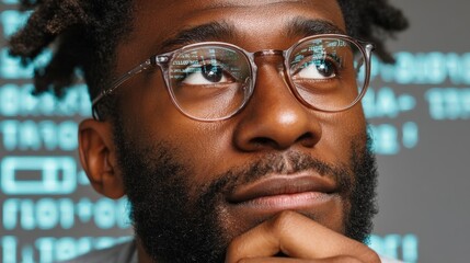 A closeup of eyeglasses on a mans face, showcasing a computer programmers focus on big data and UX design.
