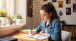 © Николай Срибяник - A focused teenage girl with a ponytail, wearing a denim jacket, diligently writing in a notebook at a sunlit desk in her cozy bedroom, doing her homework.