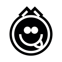 Poster - Stylized face with protruding tongue and geometric headwear in black and white illustration