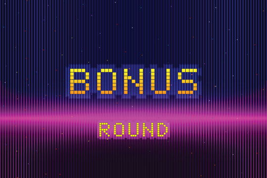 Bonus text effects. pixel art .8 bit game. retro game. for game assets .Retro Futurism Sci-Fi Background. glowing neon grid. and stars from vintage arcade computer games