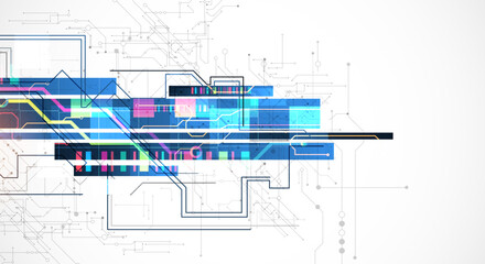 Poster - Technological background with colorful squares glowing on a blue gradient. Vector.
