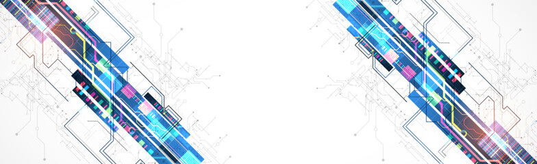 Poster - Technological background with colorful squares glowing on a blue gradient. Vector.
