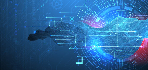 Poster - Abstract data background with wireframe wave and circuit lines. Technology concept. Vector