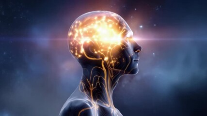 Poster - Abstract representation of a human head with glowing neural connections in a cosmic background