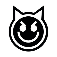 Poster - black and white devilish smiley face with horns and an evil expression in a simple vector graphic