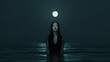 © tinyt.studio - Midnight horror in the middle of the dark ocean sea lit full moon asian women ghost water spirit eerie scary pale face dark black dress