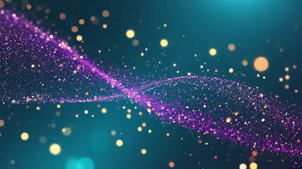 Poster - Flowing abstract purple waves dance across a vibrant teal background, illuminated by shimmering golden bokeh, creating a magical and festive atmosphere perfect for celebrations
