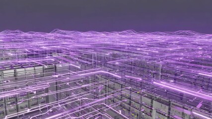 Poster - Complex network of interconnected servers exchanging data, visualized with purple streams of light, creating a futuristic data center landscape