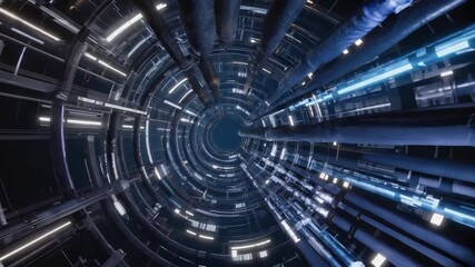 Poster - Futuristic dark tunnel rotating with pipes and cables glowing with blue and white neon light creating a technological and sci-fi atmosphere