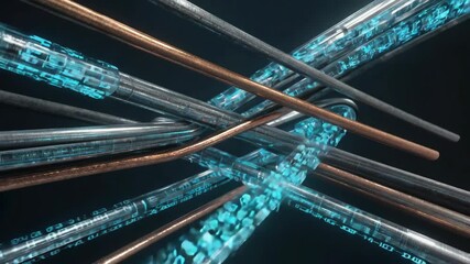 Poster - Complex network of futuristic cables transferring glowing data streams and binary code on a dark background, creating a technological and abstract visual