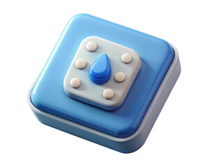 Poster - Isometric blue water drop icon on soft square platform with white accents and smooth rounded edges 3d render