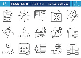 Poster - A set of line icons related to Task and Project. Task, work, schedule, job, responsibility, and so on. Vector editable stroke.