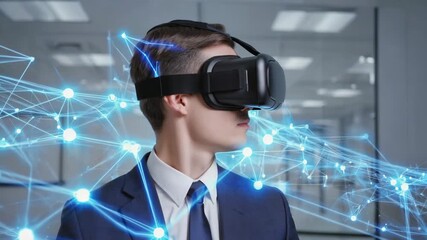 Poster - Businessman wearing virtual reality headset is exploring virtual reality network in modern office, experiencing immersive technology for business innovation