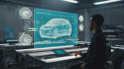 Poster - In a high-tech automotive research and development facility, an engineer uses an augmented reality interface to design a new electric vehicle, enhancing the process with cutting-edge technology