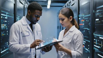 Poster - Two medical professionals in white coats analyzing holographic data from a tablet while collaborating in a high-tech server room environment