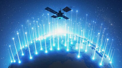 Wall Mural - satellite transmitting data beams to planet earth, representing global communication, enhancing inte