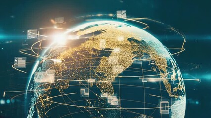 Poster - Golden planet earth rotating in space with futuristic digital connections, data flowing, and information exchange, representing global communication network and technology