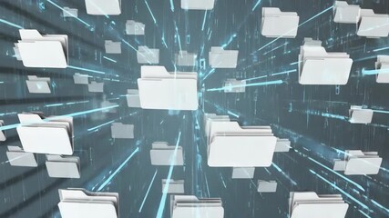 Poster - White digital folders are moving in a virtual space with light trails and binary code in the background, representing data transfer and cybersecurity