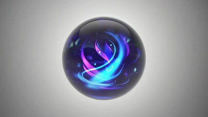 Poster - Glass sphere with glowing blue and purple neon curves is swirling inside, representing future technology, prediction, and magic on a plain gray background