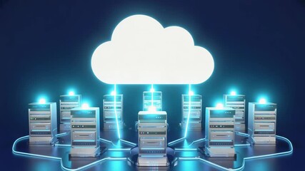 Poster - Glowing lines connect computer servers to a bright cloud symbol, representing cloud computing and data storage in a futuristic technological landscape