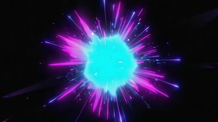 Poster - Purple rays of light are coming out of a bright cyan energy core exploding on a black background with small particles, creating a vibrant and dynamic visual
