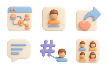 Poster - 3d social media icons set with people, hashtag, and heart elements