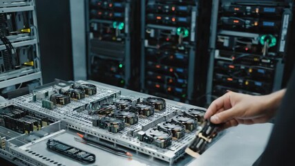Poster - It engineer is installing ram memory into server motherboard in data center, upgrading hardware performance for enhanced computing power and efficiency