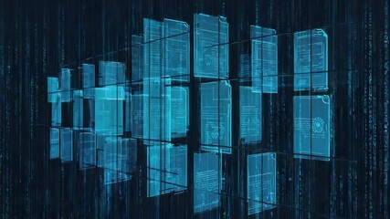 Poster - Glowing digital documents interconnected in dark cyberspace, surrounded by cascading binary code rain, create a futuristic visualization of data transfer and online management