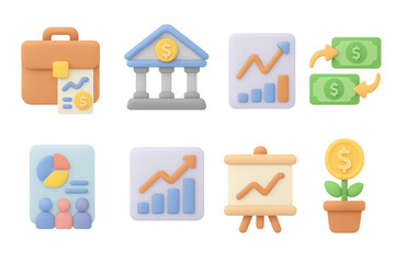 Poster - 3d business and finance icons featuring growth, money, and presentations