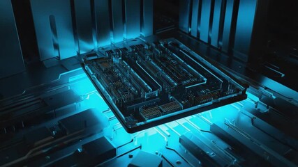 Poster - Complex electronic components and pathways intricately designed on a transparent circuit board, illuminated by a vibrant blue glow emanating from beneath, creating a futuristic technological scene