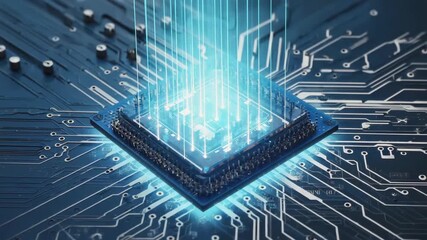 Poster - Cpu is processing data and exchanging information with motherboard using light beams, representing advanced technology and innovation in computer science