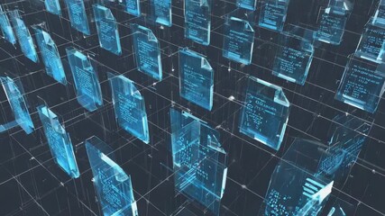 Poster - Glowing digital documents float in vast cyberspace, creating a complex network of interconnected data that symbolizes information management and technology's power