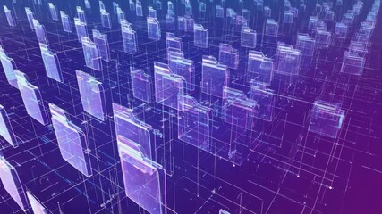 Poster - Glowing digital file folders float in cyberspace, interconnected by a network of lines, representing abstract data storage and cloud computing