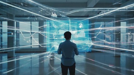Poster - Businessman interacts with a large holographic display, navigating through complex data streams and futuristic visualizations in a modern office space, symbolizing innovation and data analysis