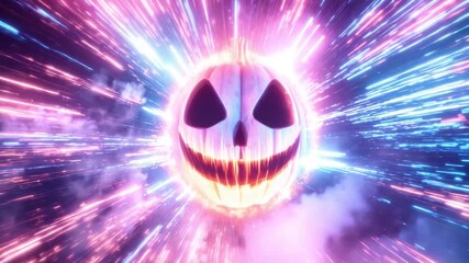 Poster - Surreal Digital Art of a Glowing Pumpkin Face Amidst Colorful Light Trails