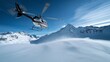 © aulaiphon - scenic shot of helicopter flying above snowy mountains, crisp air, blue tones