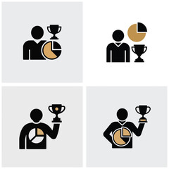Poster - Four Black and Tan Icons Depicting a Person Holding a Pie Chart and a Trophy Awarding Success Achievement and Business Growth