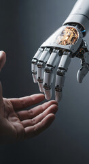 Poster - Close-up of human hand and robotic hand almost touching, showcasing technological advancement and human-robot interaction, symbolizing future collaboration or connection