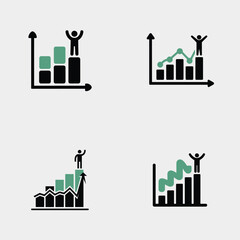 Poster - Four Simple Black and Teal Icons Depicting Business Growth Success with a Person Celebrating at the Peak of Each Graph Showing Ascending Bar